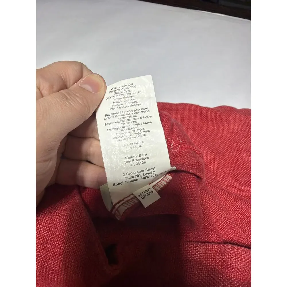 Pottery Barn Pillow Cover Red 100% Linen 18x18 Square Case Button Rustic